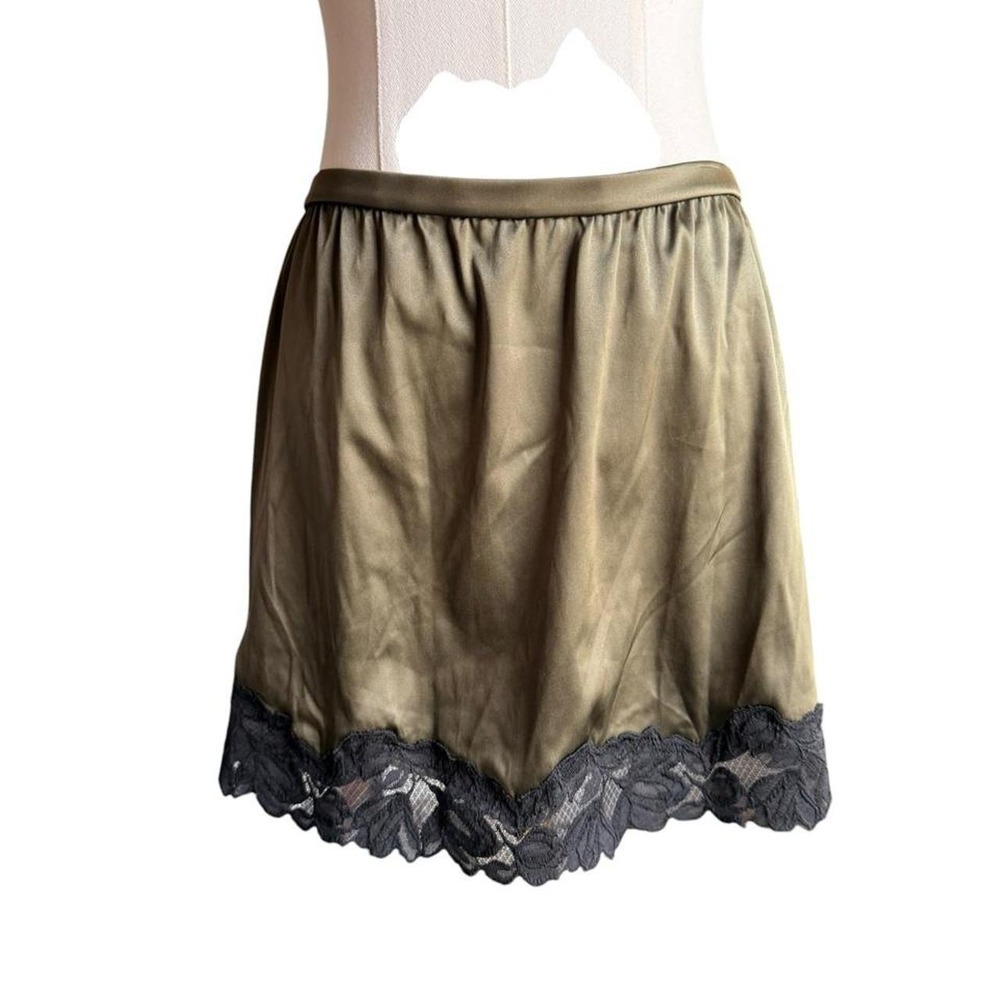 Auden Intimates Olive Green Satin Mini Half Slip Skirt Black Lace Trim Medium